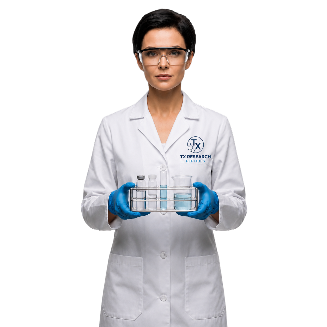 TX Research Peptides scientist holding a tray of laboratory vials