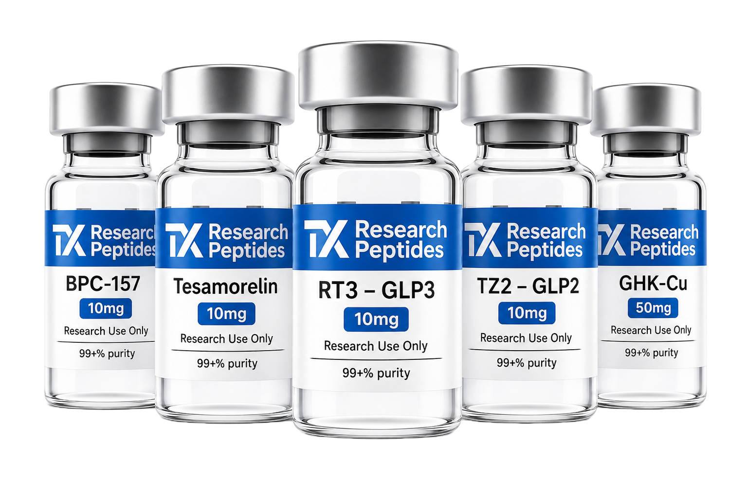 Five TX Research Peptides vials — BPC-157, Tesamorelin, RT3 – GLP3, TZ2 – GLP2, GHK-Cu