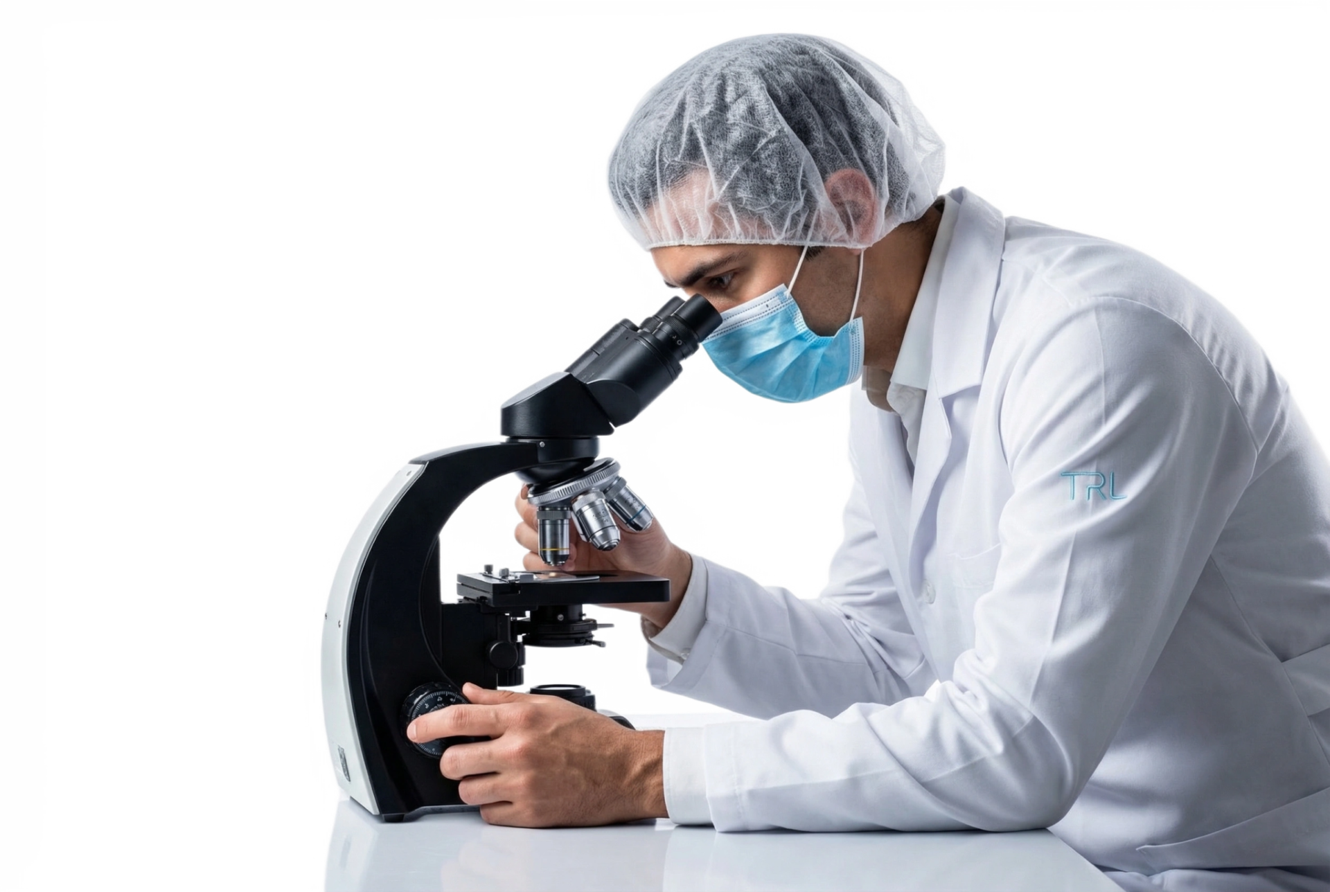 Scientist examining a peptide sample under a microscope